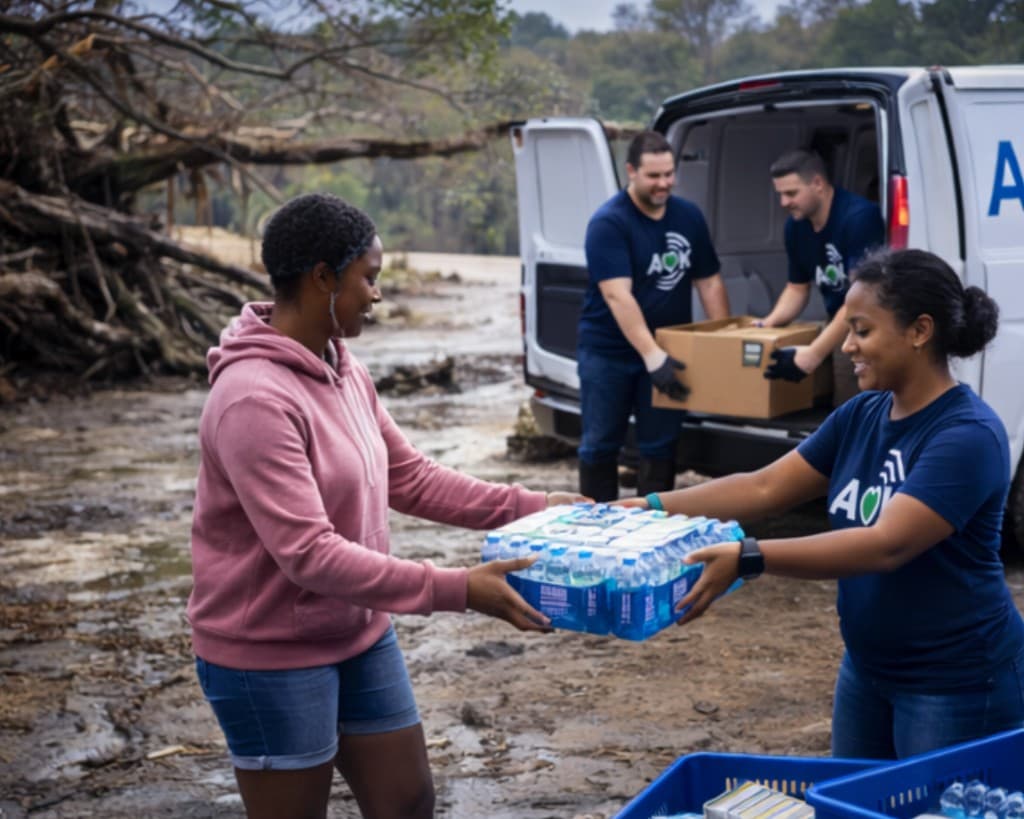 AOK volunteers in navy shirts hand bottled water to a resident beside a relief van on muddy ground after flooding.