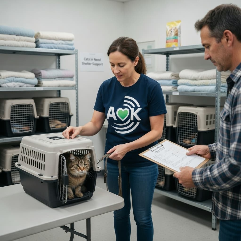 Acts of Kindness Foundation volunteer checking a cat carrier in a shelter support room with rescue supplies nearby