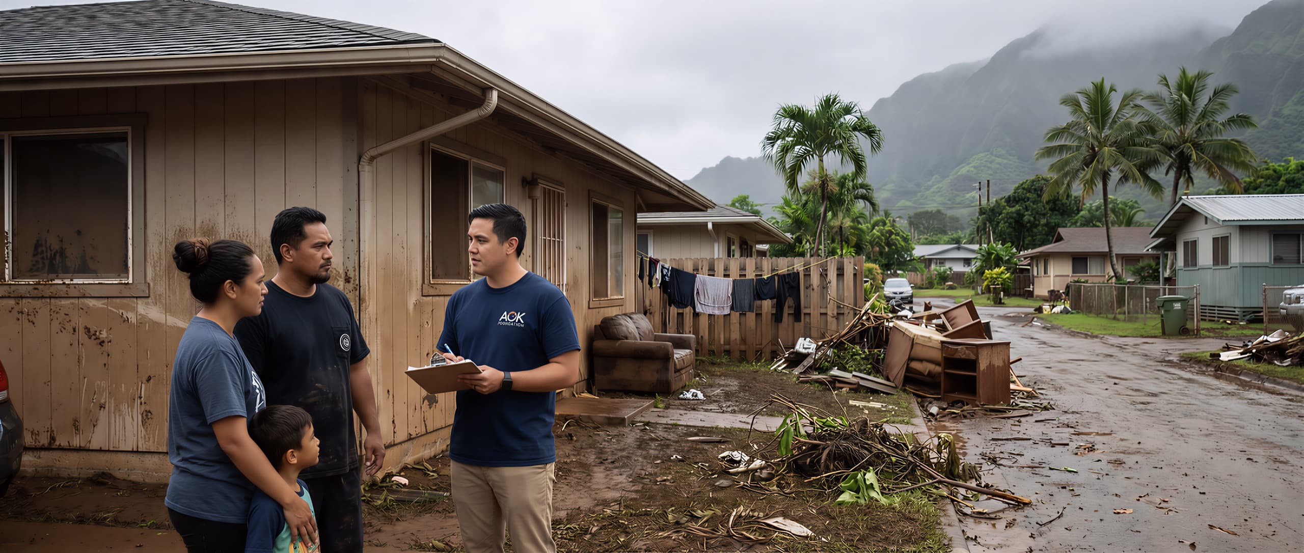 Acts of Kindness Foundation team assessing flood and mudslide damage with an affected family in a neighborhood on Oʻahu.