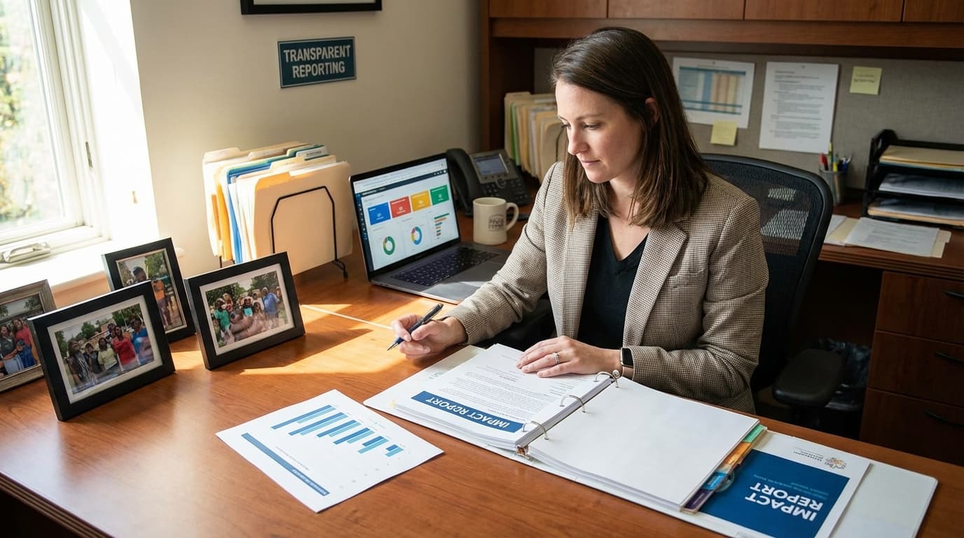 Staff member reviewing an impact report at a desk.